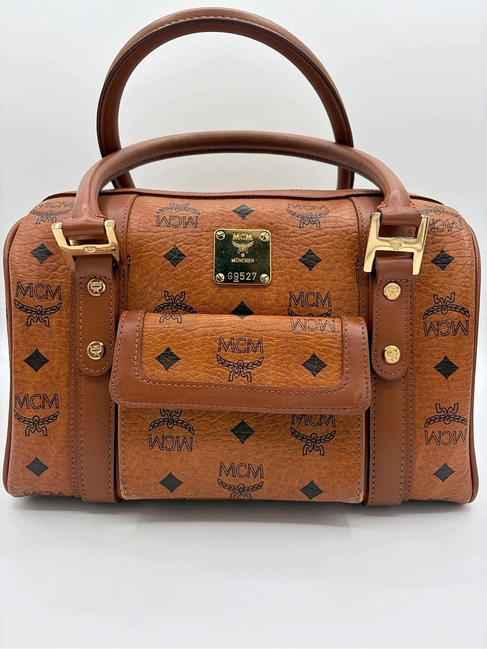 MCM Vintage Cognac Visetos Monogram Boston Satchel Top Handle Bag EUC✨